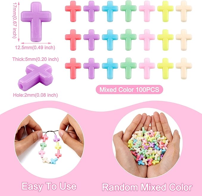 FASHEWELRY 100Pcs Candy Color Acrylic Crosses Spacer Mixed Color Crucifix Loose Cute Beads Bulk for Bracelet Necklace Jewelry Making