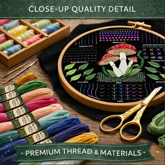 Moni Crafts - Embroidery Kit for Beginners Adults – Learn 41 Stitches with Complete Starter Kit, 4 Pre-Printed Patterns, Threads, Needles & Hoop – Hand Embroidery Kit with Video Tutorials