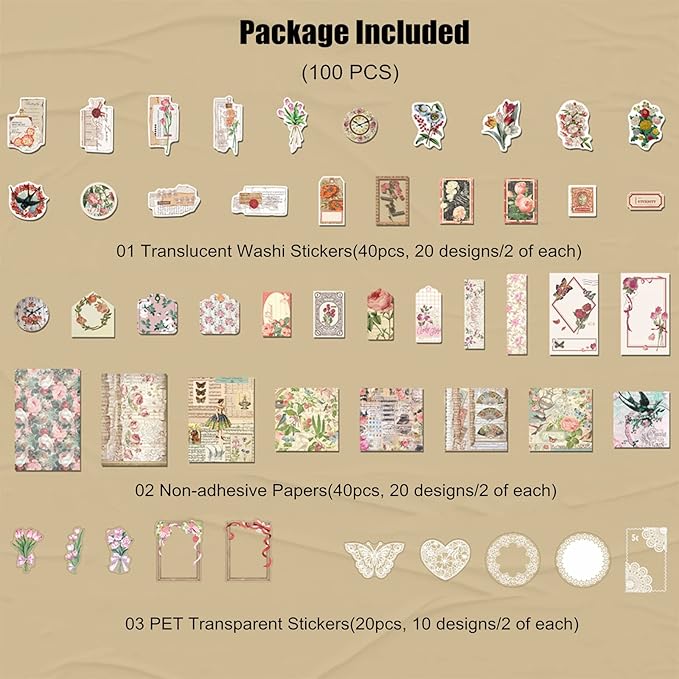 Esweny 100 PCS Vintage Ephemera Pack Journaling Scrapbooking Supplies Scrapbook Sticker Paper Kit for Junk Journal Planners Collage Craft Notebooks Decoupage Album (Flowers)