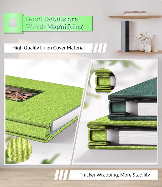 Photo Album Self Adhesive Scrapbook Album for 3x5 4x6 5x7 8x10 Pictures,40 Pages Linen Cover with Display Window DIY Photo Book,Ideal Gifts for Family Travel Wedding Baby
