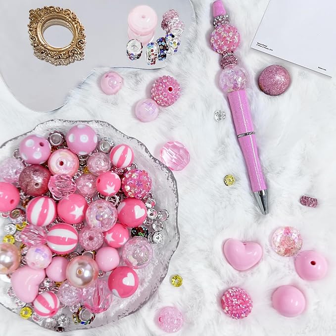 163 Pcs Pen Beads for Beadable Pens: Bubblegum Beads for Pen Making Bulk with Spacer Bead Rhinestone Bead (Pink)