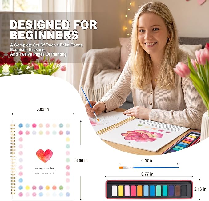 Metyond Valentine's Day Watercolor Workbook - Watercolor Coloring Book with 1 Workbook 12 Colors Paint Set with Brush, Beginner Friendly Watercolor Workbooks Set Valentine's Day Gift for Adults Teens