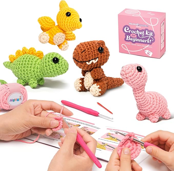 Mewaii Crochet Kit for Beginners, Crochet Animal Kit with Step-by-Step Video Tutorials, Crochet Starter Kit for Kids Adults DIY Crochet（5 Dinosaur Set）