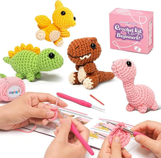 Mewaii Crochet Kit for Beginners, Crochet Animal Kit with Step-by-Step Video Tutorials, Crochet Starter Kit for Kids Adults DIY Crochet（5 Dinosaur Set）