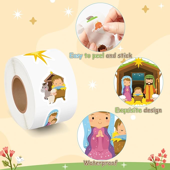 beyumi christmas nativity scene sticker - 1000pcs christmas religious stickers in 2 rolls waterproof vinyl xmas christian stickers jesus characters sheep donkey camel decals party laptop bottle decor