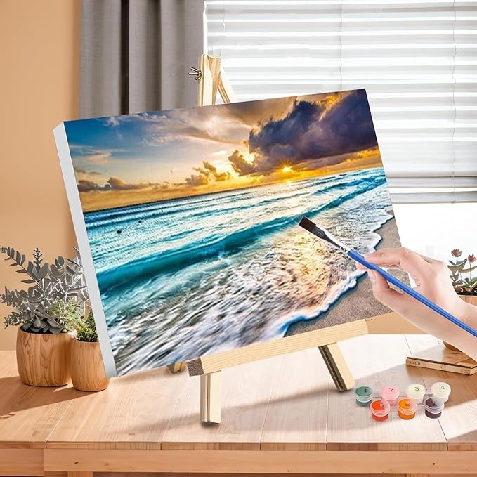 Beach Paint by Numbers for Adults with Framed Canvas-with Wooden Easel,Landscape Paint by Number on Canvas,DIY Acrylic Oil Painting Kits with Brushes Nice Gift Box for Home Wall Decor(16x20inch)