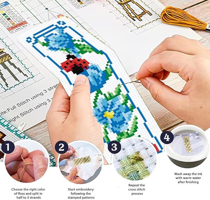 ORIGACH 6 Pcs Cross Stitch Bookmark Kit for Beginner Adults, Flowers and Butterflies Stamped Embroidery Bookmark Kit with Instruction for Starters Printed Cross Stitch DIY Kits for Book Lovers