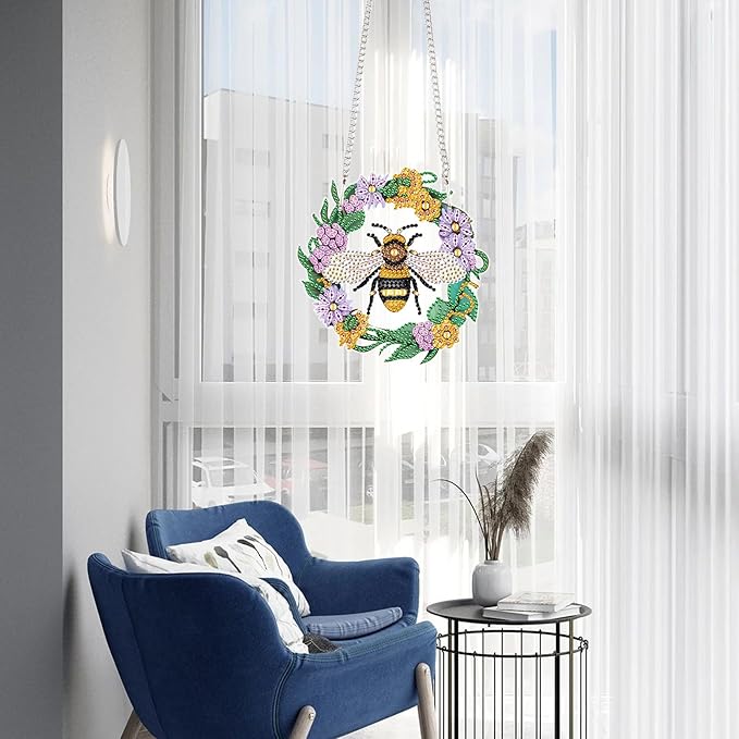 AiYuanzsh Honeybee DIY Acrylic Diamond Art Painting Pendant Kits Bee Special Shaped Rhinestone Round Diamond Art Window Pendants Home Garden Wall Door Birthday Xmas Festival Gifts