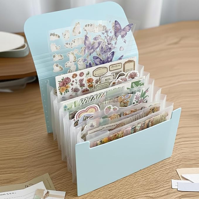 Sticker Storage Organizer with 7 Expandable Pockets, Multi-Layer Desktop Sticker Binder for Scrapbook Essentials and Journal Organizer, Large Capacity for Thick Sticker Album, Washi Tape(Blue)