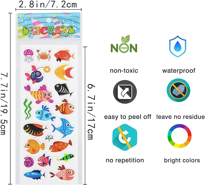 24 sheets(400+) fish 3d puffy stickers for toddlers kids, bulk preschool sticker sheets for reward, craft, scrapbooking