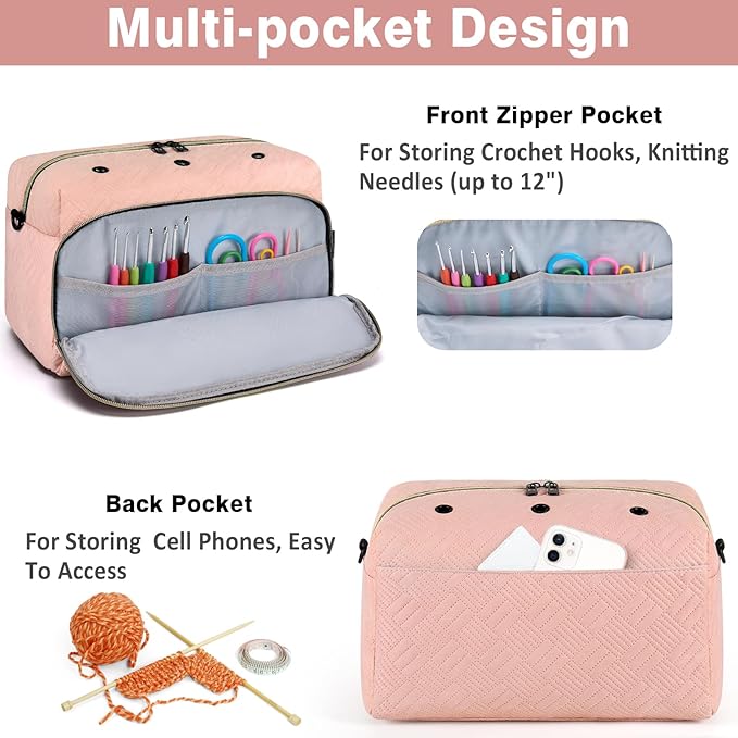 IBFUN Crochet Yarn Knitting Bag 2 Pcs Yarn Storage Organizer Crocheting Bags for Beginners with Shoulder Strap for Knit Accessories Needles Hooks