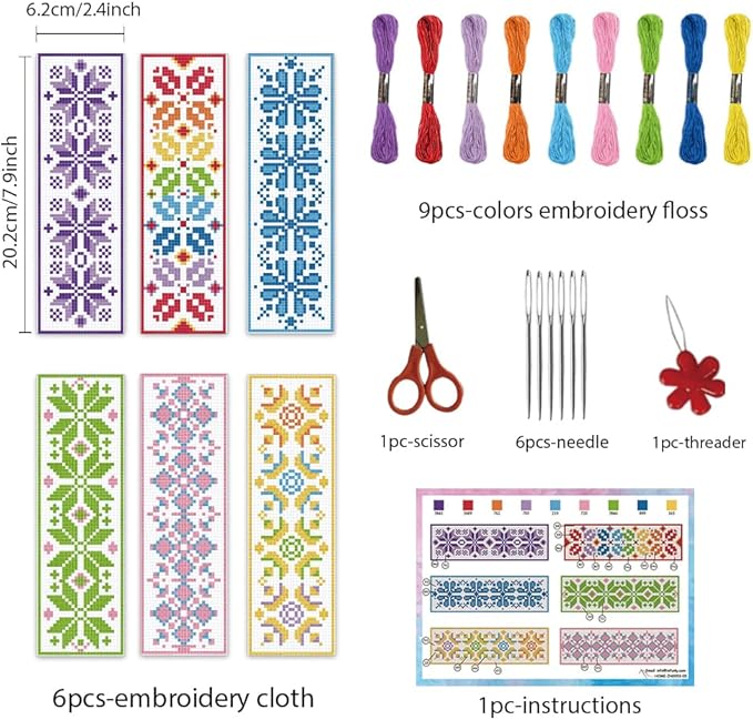 INFUNLY 6PCS Flower Cross Stitch Bookmark Kit for Beginners 8.66"×3.15" Boho Plaid Flowers Embroidery Bookmark Kits Geometric Pattern Cross Stitch Kit with Instruction for Book Lovers Reader Writers