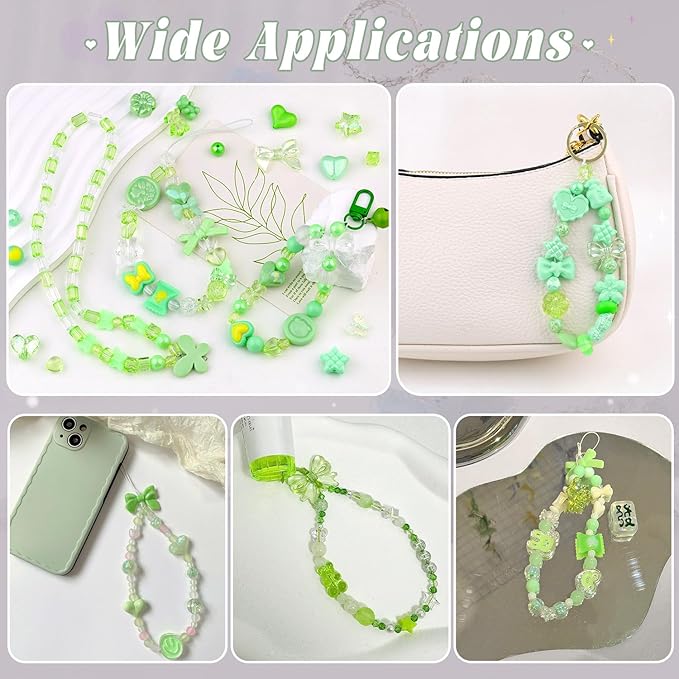 200-260PCS TINKRSTUFF Assorted Acrylic Beads Green Cute Beads for Bracelet Making, Bow Flower Butterfly GummyBear Kawaii Charms, Aesthetic Bead for Necklace Jewelry Making DIY Keychain Phone Charm