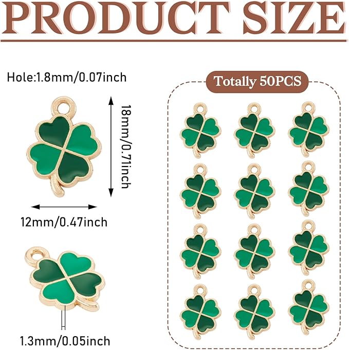 Cheriswelry 50Pcs Green Clover Charms Shamrock Four Leaf Lucky Pendants St. Patrick's Day Enamel Alloy Pendants 18x12x1.3mm for DIY Crafts Necklace Bracelet Earring Jewelry Making