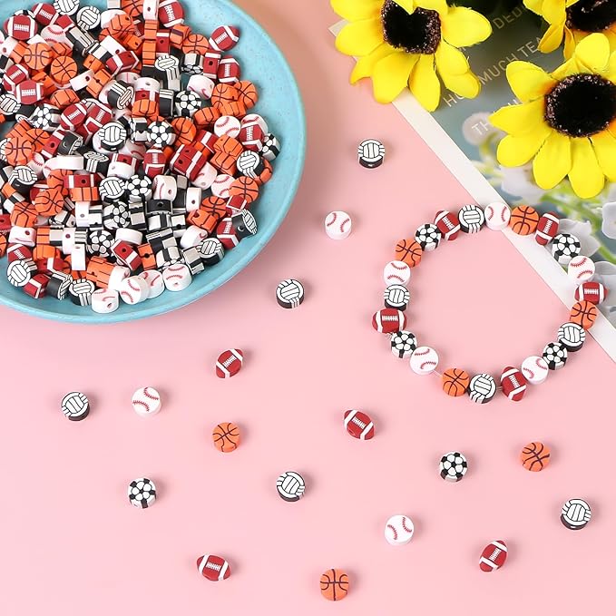 EVERMARKET 100pcs Sports Ball Beads Sports Polymer Clay Beads Bulk,Baseball Football Basketball Volleyball Rugby DIY Crafts for Jewelry Making Key Chains Earring Bracelet Necklace