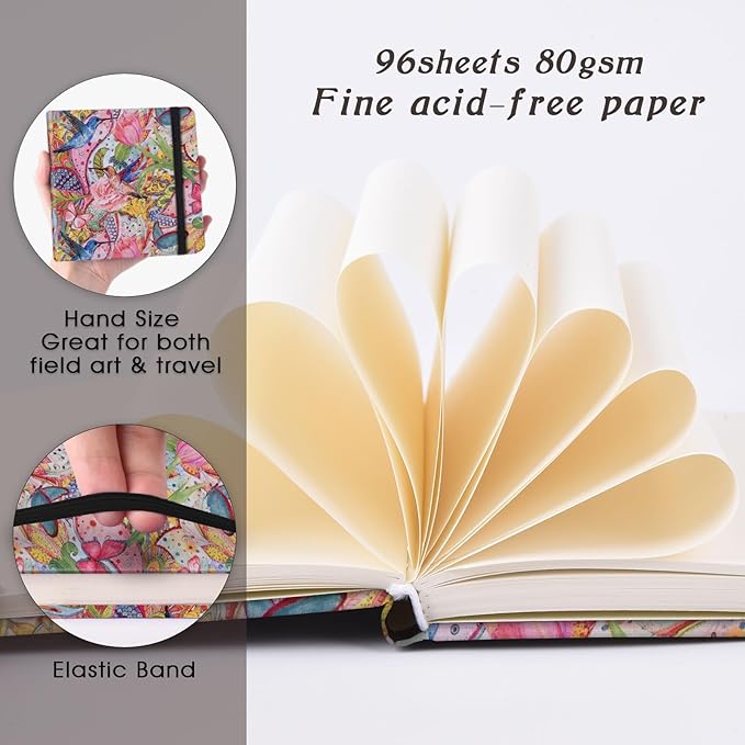 Handy Size 5 x 5 inches Sketch Book, 80GSM Acid Free Artistic Drawing Painting Writing Paper, Hardcover Cloth Cover Art Sketchbook,Journal Notebook.Flowers and Birds