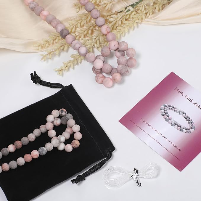 Stone Beads, 60pcs Matte Pink Zebra Jasper, 6mm Round Loose Beads for Jewelry Making, Bracelets, with Bag, String & Card