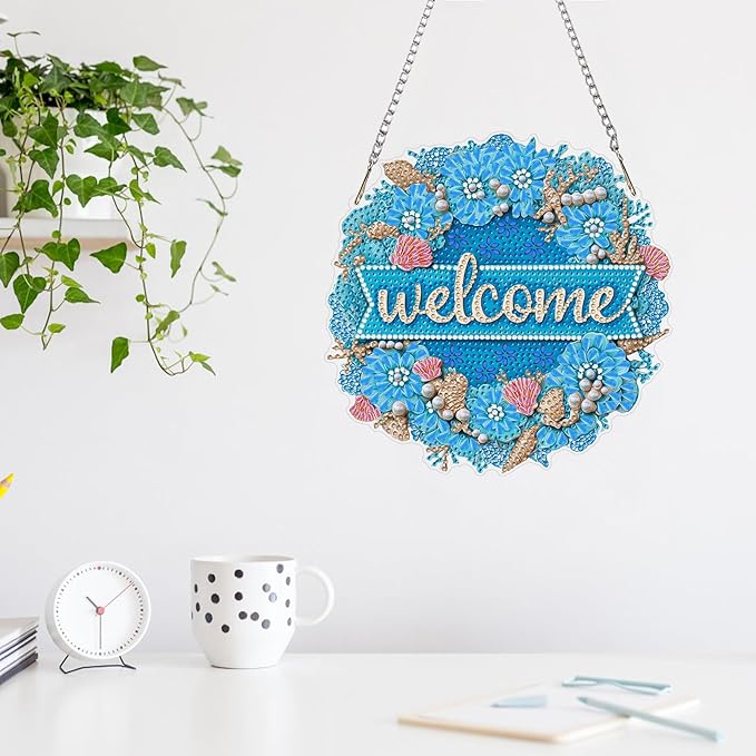 MAXBYE Welcome Sign Diamond Art Painting Kits for Adults Beginners Hanging Pendent, DIY 5D Special Shaped Crystal Diamond Painting Kits Ornament for Gift Home Wall Door Decor 8×8 Inch