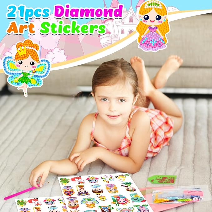 Labeol Diamond Art Kits for Kids Boys and Girls Ages 6-8-10-12 Easy to DIY Creative Diamond Art Sticker Craft by Numbers Kits for Kids and Adult Beginners (Princess)