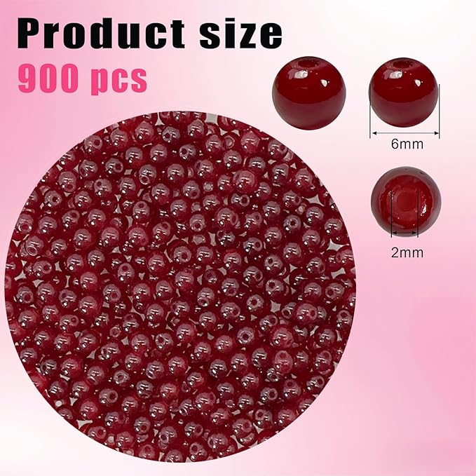 6mm Round Glass Beads for Jewelry Making, 900Pcs Glass Seed Beads for Bracelets, DIY Crafts (Burgundy)