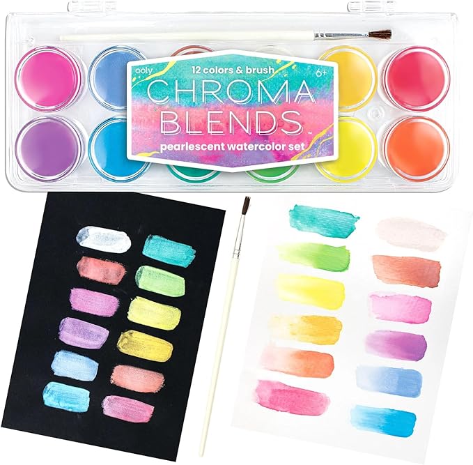 Ooly Chroma Blends Pearlescent Watercolor Set, 12 Colors, Watercolor Pack for Creative Kids and Adults, Vibrant Colors in a Portable Case, Art Supplies for Ages 6 and Up, Brush Included