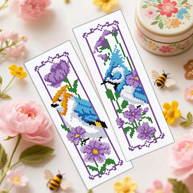 ORIGACH 6 Set Bird and Flower Cross Stitch Bookmark Kit for Beginners Stamped Embroidery Kit Include Backing Felt and Instruction Beginner Cross Stitch Kits for Adults