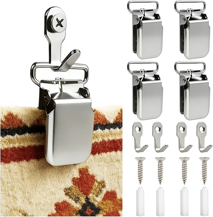 4 Set Heavy Duty Tapestry Hangers, Non-Slip Quilt Hanger for Wall for Display, Strong and Versatile Wall Clips for Large Rugs, Carpets, Blankets Damage Free Display (Indoor/Outdoor Use) -Silver