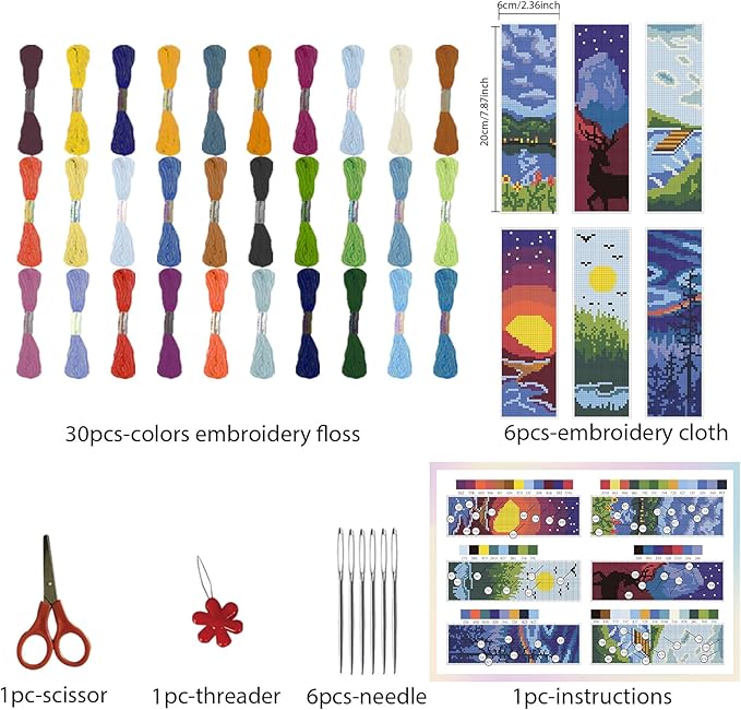 FREEBLOSS 6 Set Cross Stitch Bookmark Kit Scenery Pattern with 30 Colors Embroidery Floss DIY Bookmark Kit with Instruction Embroidery Kit for Beginners 8''x2.4''