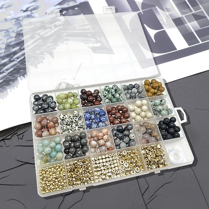 Jewelry Making Supplies Kits Natural Stone Beads Round Gemstone Beading with Spacer for DIY Craft Bracelet Necklace Earrings for Adults (8mm)