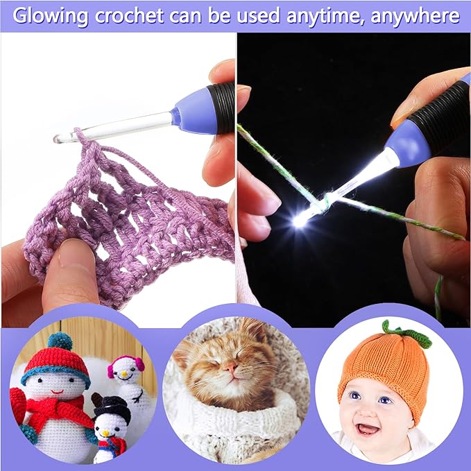 Chuangdi 9 Pieces Lighted Crochet Hooks with Case 9 Size LED Light Crochet Hooks Set Knitting Needles Craft Yarn Weaving Needles Comfortable Smooth Handle for Knitting, 2.5 mm-6.5 mm(Purple)