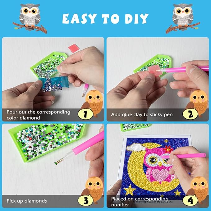 QEUOYSS Diamond Art Kit for Kids with Wooden Frame Art and Crafts for Kids Ages 6-8 -10-12 Easy to DIY Diamond Art for Kid and Adult Beginners Home Wall Decoration (Female owl)