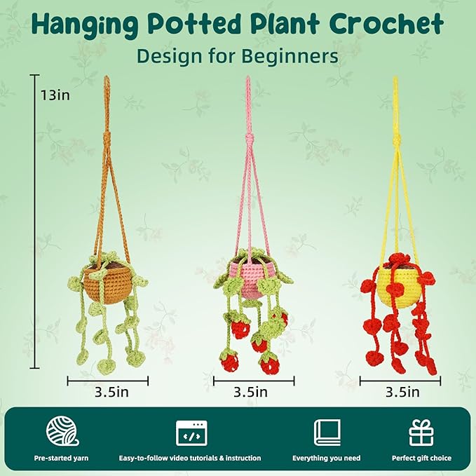 WaldyWop Crochet Kit for Beginners: 3 PCS Hanging Potted Crochet Plants Kits for Adults Kids 8-12 - Easy Video Tutorials & Printed Instructions & 40% Extra Yarn - DIY Birthday Gift Set for Girls Women