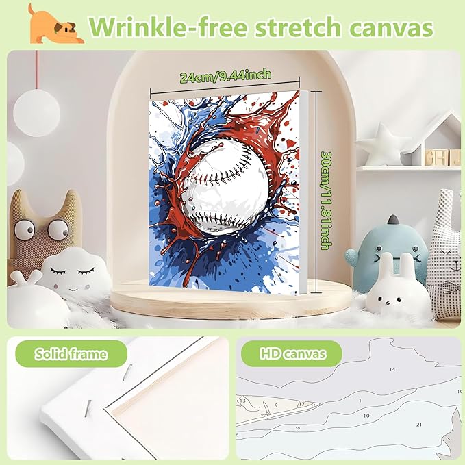 Reivworl Paint by Numbers Kit for Kids - with Frame and Easel, Baseball Paint by Number Kids Age 6-8-12 Boys Girls, Paint by Numbers for Gifts and Decor (9.5X12Inch)
