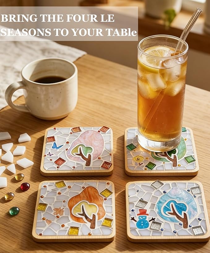4 Sets DIY Mosaic Kits for Adults with Wooden Coasters, Mixed Color Glass Mosaic Tiles Craft Kits for Adults Women, Complete Mosaic Coaster Making Kit for Home Decor Gifts (4, Sweet Style)
