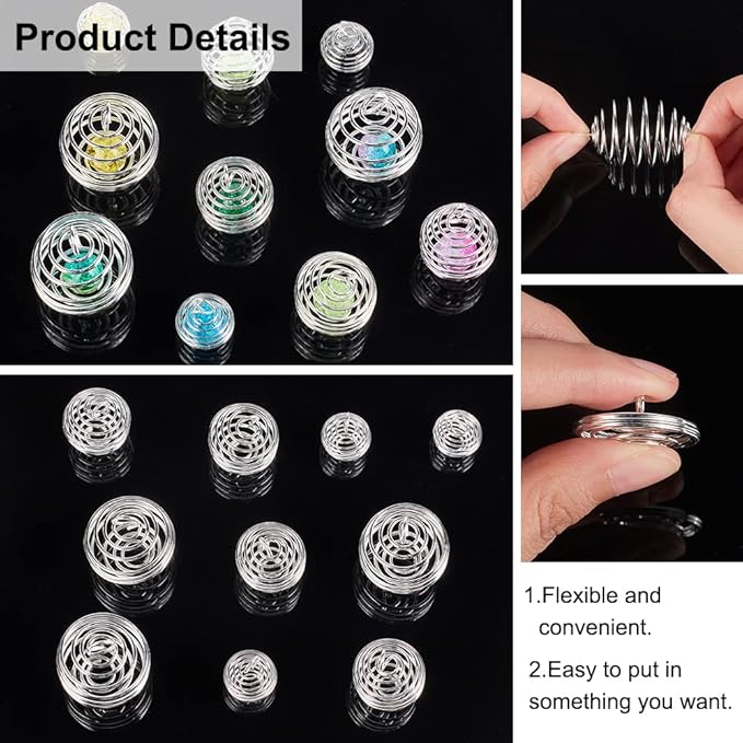 PH PandaHall Iron Crystal Holder Necklace Kit, 24pcs 3 Sizes Spiral Stone Tumbled Rock Bead Cage with 24pcs 17" Waxed Cotton Necklace Cord 50pcs Jump Rings for Lucky Charms,14/20/25mm