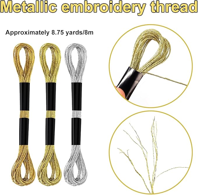 6 Skeins Embroidery Threads, Metallic Embroidery Floss Friendship Bracelet Cross Stitch Thread for Sewing Making Yarn Accessories Craft String Art Supplies (Gold+Light Gold+Silver)
