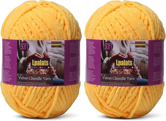 Baby Blanket Yarn for Crocheting - 2 Pack of 200g/7oz Chunky Chenille Yarn for Knitting Blankets Amigurumi - #6 Super Bulky - 348 Yards Soft Thick Plush Yarns (2, Golden Yellow)