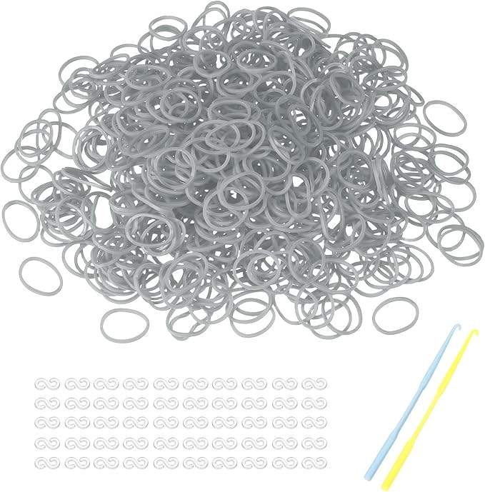 MECCANIXITY 1200 Pcs Loom Rubber Bands Kit with 50 Pcs S-Clips 2-Hooks Rubber Bands Refill Bracelet Making Kits for Weaving DIY Handcrafts Gift, Gray