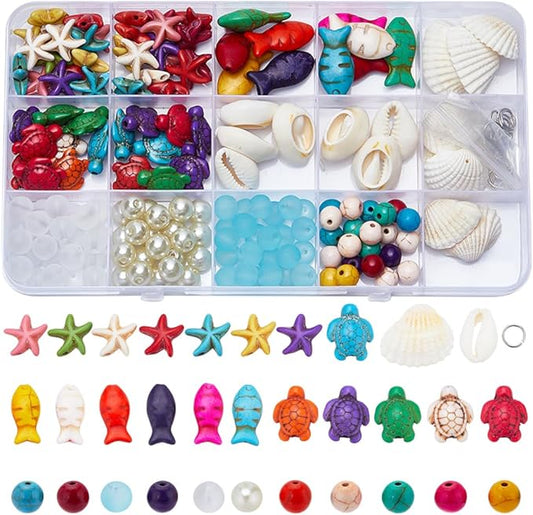 SUNNYCLUE 1 Box 200+Pcs Turtle Beads Starfish Beads Bulk Bohemian Style Natural Shell Charms Colorful Fish Charm Summer Ocean Sea Animal 8mm Round Glass Spacers for Jewelry Making Beading Kits