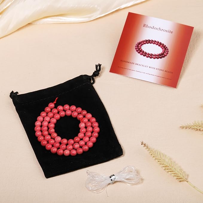 Stone Beads, 45pcs Rhodochrosite, 8mm Round Loose Beads for Jewelry Making, Bracelets, with Bag, String & Card