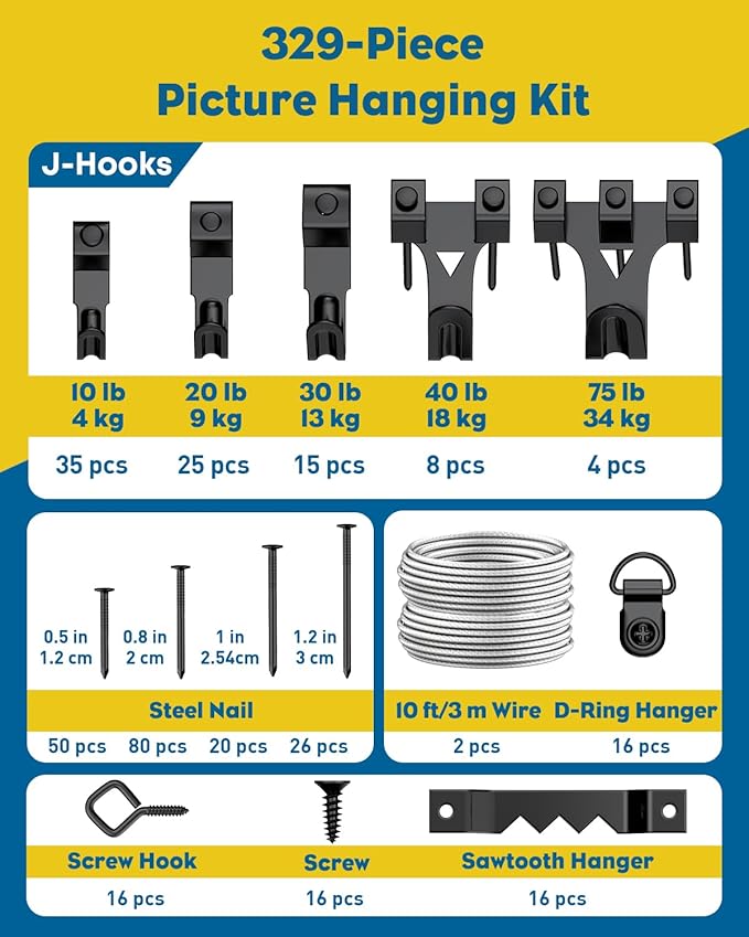 Uniclife 329 Pcs Heavy Duty Picture Hanging Kit, 10 lb, 20 lb, 30 lb, 40 lb, 75 lb Picture Hanging Hooks with Nails, D Ring Picture Hangers Sawtooth Picture Hangers Picture Hanging Wires & Screw Hooks