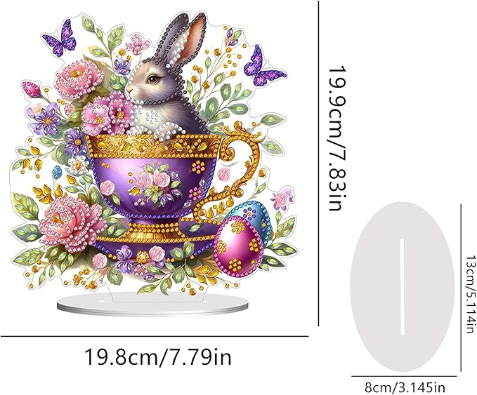 DIY Dot Diamond Desktop Easter Creative Ornaments Diamond Art Painting by Number Embroidery Arts and Crafts Easter for Home Office Garden Decoration (Single Side Dot Diamond)-#01-Teacup Bunny