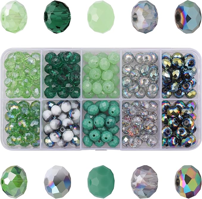 200pcs 8MM Faceted Rondelle Glass Beads for Jewelry Making, Briolette Crystal Glass Beads Plated Round Loose Spacer Beads for DIY Supplies Bracelets Necklaces Earrings (Green)