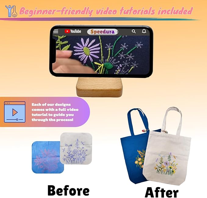 Speedura Embroidery Kit for Beginners – Dual Canvas Tote Bags with Floral Cross Stitch Patterns | Complete Needlepoint Set Includes Hoops, Threads & Step-by-Step Video Tutorial (Beige & Blue Set)
