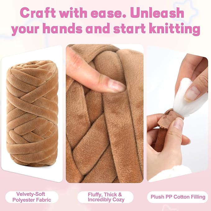 Chunky Yarn for Hand Knitting & Arm Knitting - 0.66lb Super Bulky Velvet Chenille Tube Yarn for DIY Pillows, Pet Beds, Baskets & Home Decor | No Tools Needed, Machine Washable, Dusty Rose,1 Pack
