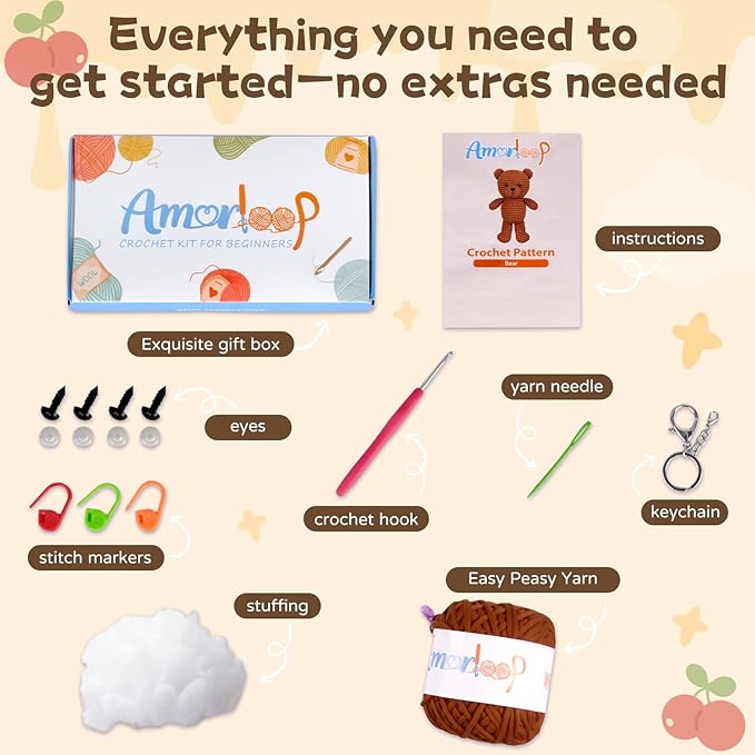Amorloop Crochet Kit for Beginners – Easy-to-See Stitches Yarn, Pre-Started Piece, and Step-by-Step Video Tutorials | Starter Crochet Set with Cute Animal Pattern – Original Handmade Bear Pattern