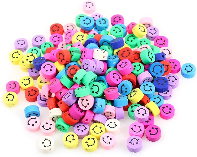 200PCS Colorful Smiley Face Beads 10mm Round Happy Face Polymer Clay Beads for Jewelry Making