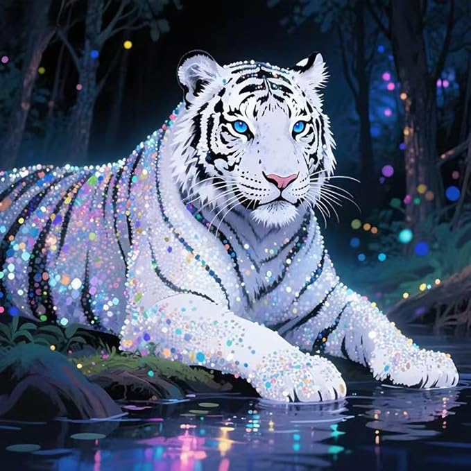 GEMFAMILY Tiger Diamond Art Kits for Adults, 5D Diamond Painting Kits for White Tiger, DIY Round Full Drill Diamond Art Craft for Home Wall Decor13.8 X 13.8inch