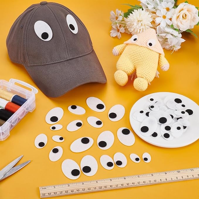 FINGERINSPIRE 90 Pairs Oval Safety Eyes 3 Size Black White Felt Eye Patches Felt Craft Eyeballs Sew on Eyes for Stuffed Animal, Halloween Eye Applique for Amigurumi Puppet Teddy Bear Crochet Plush DIY