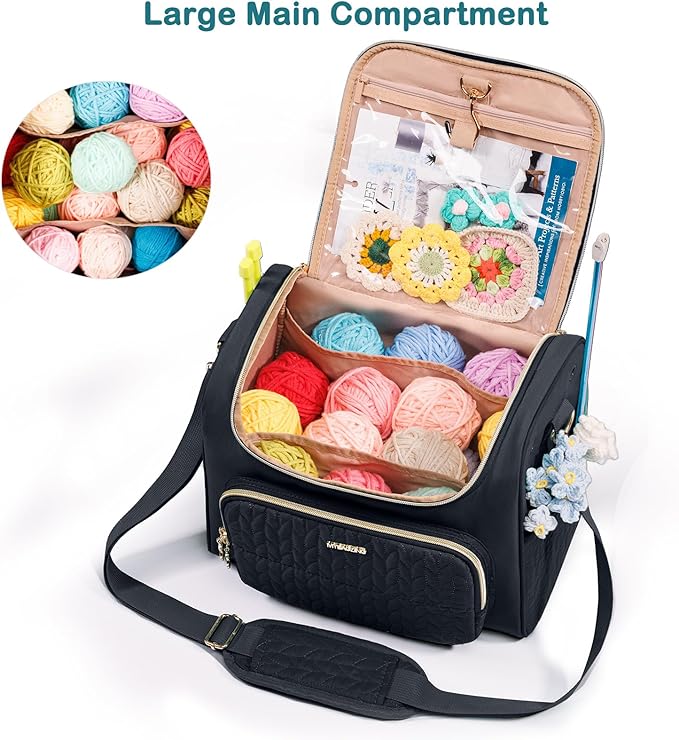 MYBAGZING Crochet Bag Organizer, Quilted Storage Bag with Hanging Hook, Yarn Holder for Knitting & Crochet Accessories, Crochet Gift for Mother's Day